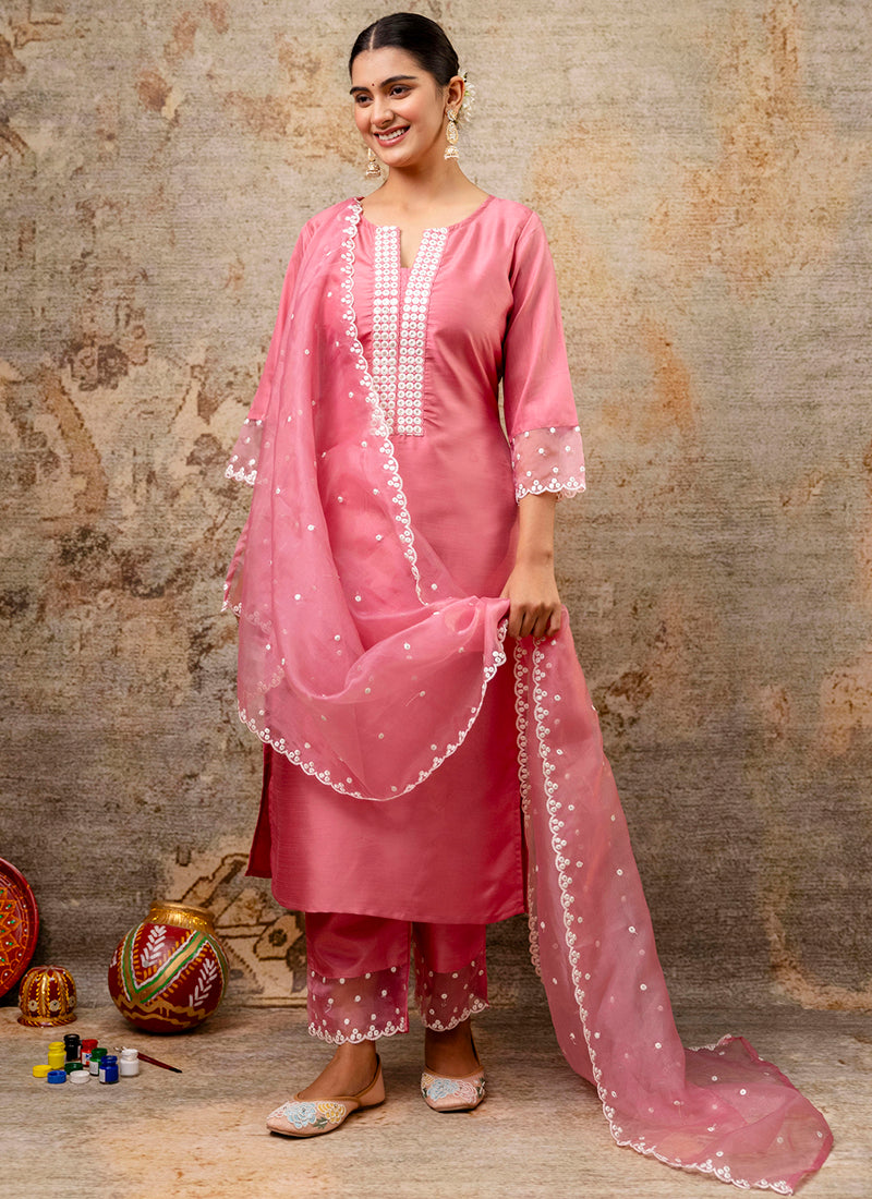 Vellora Silk Blend Pink Party Wear Embroidery Work Readymade Salwar Suit