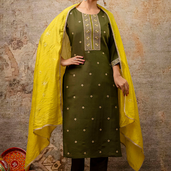 Vellora Silk Blend Mehendi Party Wear Embroidery Work Readymade Salwar Suit - Distacart