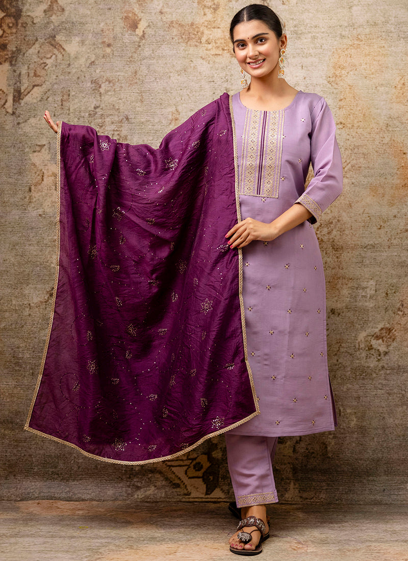 Vellora Silk Blend Lavender Party Wear Embroidery Work Readymade Salwar Suit
