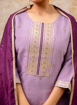 Thumbnail for Vellora Silk Blend Lavender Party Wear Embroidery Work Readymade Salwar Suit