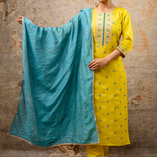 Vellora Silk Blend Yellow Party Wear Embroidery Work Readymade Salwar Suit