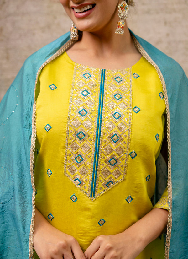 Vellora Silk Blend Yellow Party Wear Embroidery Work Readymade Salwar Suit