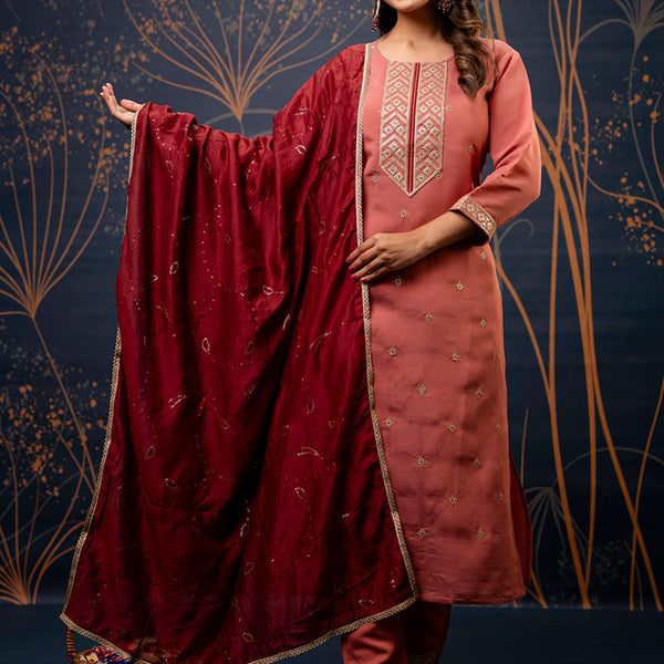 Vellora Silk Blend Peach Party Wear Embroidery Work Readymade Salwar Suit