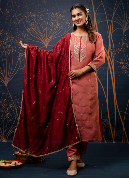 Vellora Silk Blend Peach Party Wear Embroidery Work Readymade Salwar Suit