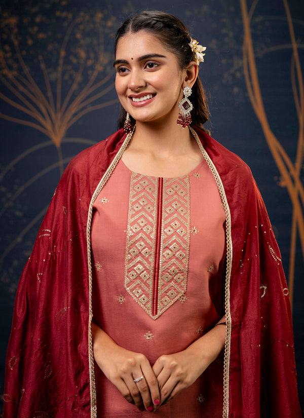 Vellora Silk Blend Peach Party Wear Embroidery Work Readymade Salwar Suit