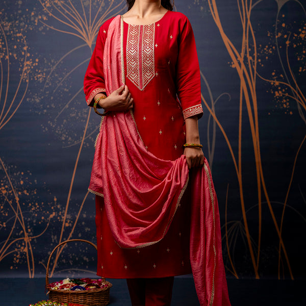 Vellora Silk Blend Red Party Wear Embroidery Work Readymade Salwar Suit - Distacart