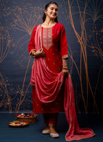 Thumbnail for Vellora Silk Blend Red Party Wear Embroidery Work Readymade Salwar Suit