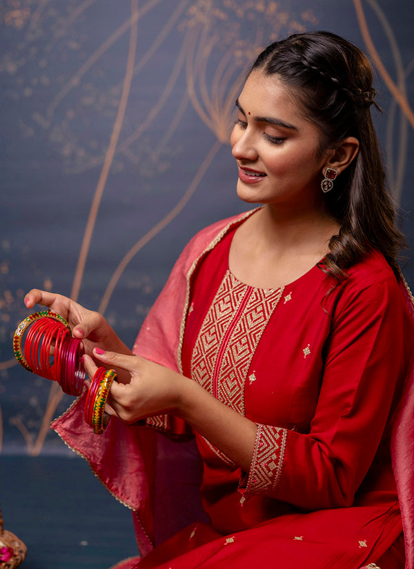 Vellora Silk Blend Red Party Wear Embroidery Work Readymade Salwar Suit