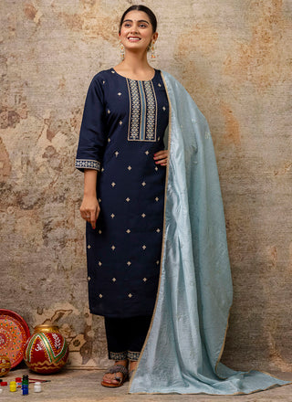 Vellora Silk Blend Navy Blue Party Wear Embroidery Work Readymade Salwar Suit