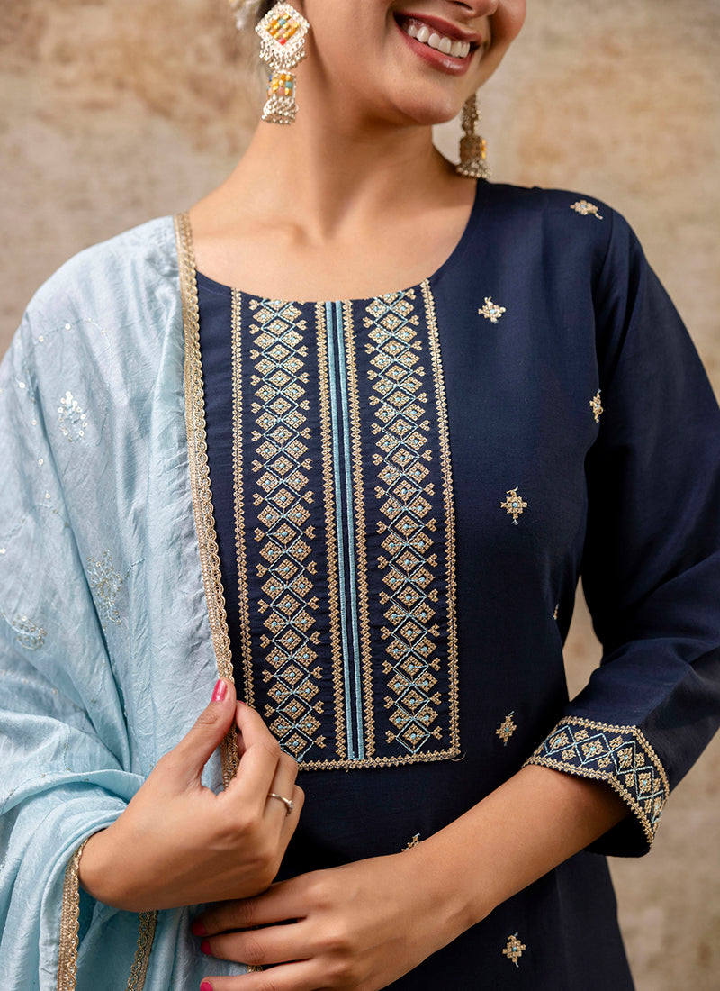 Vellora Silk Blend Navy Blue Party Wear Embroidery Work Readymade Salwar Suit