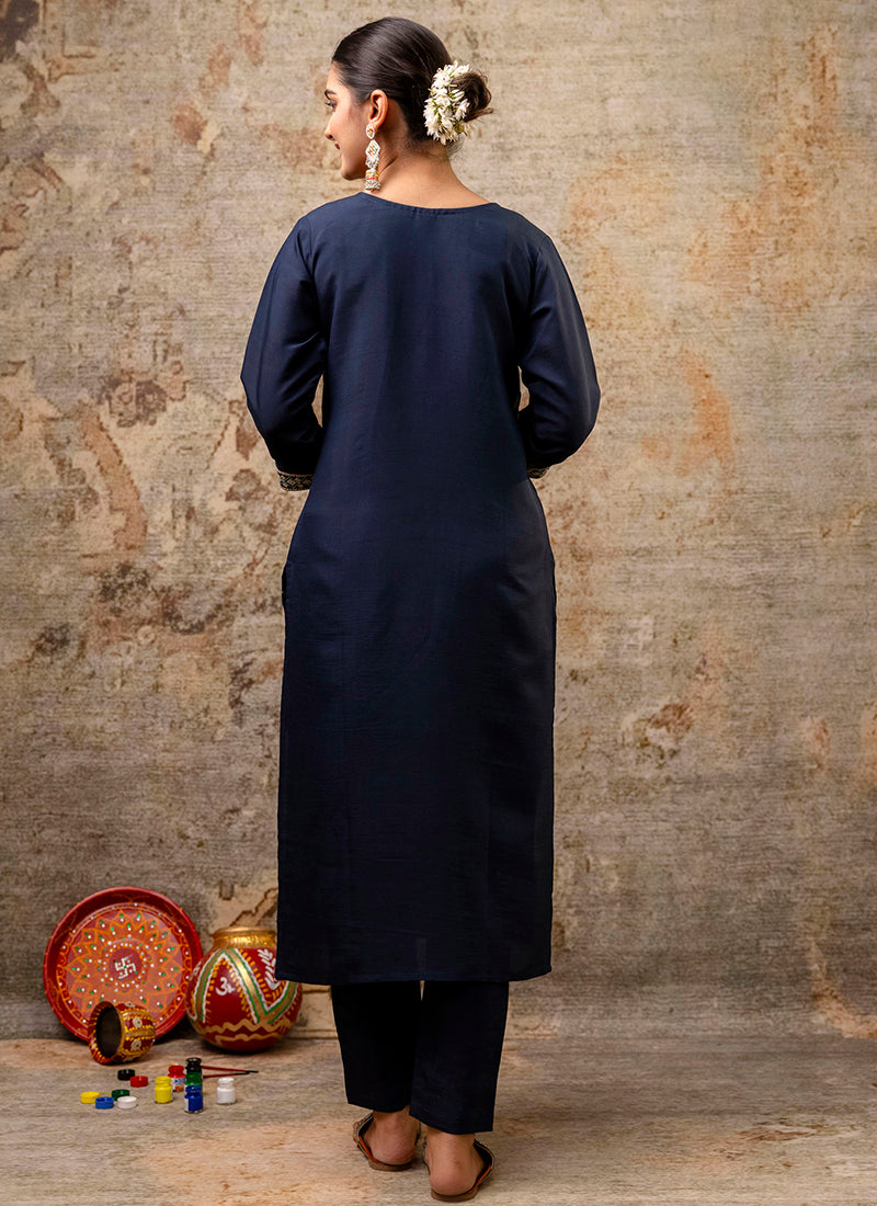 Vellora Silk Blend Navy Blue Party Wear Embroidery Work Readymade Salwar Suit