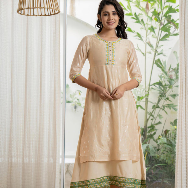 Juniper Women's Beige Soild Chanderi Dress & Inner With Thread & Mirror Work - Distacart