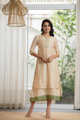 Juniper Women's Beige Soild Chanderi Dress & Inner With Thread & Mirror Work - Distacart