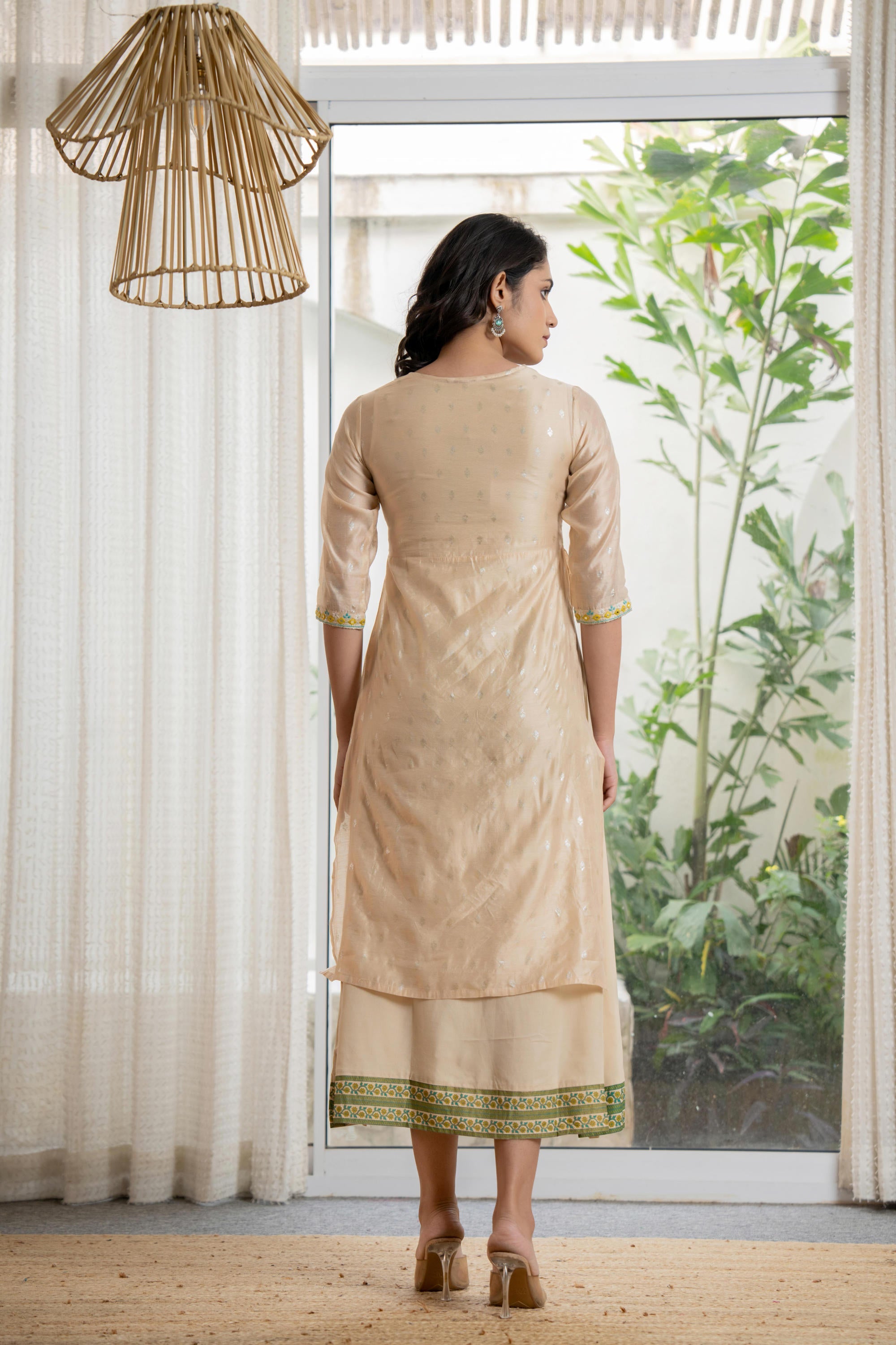 Juniper Women's Beige Soild Chanderi Dress & Inner With Thread & Mirror Work - Distacart