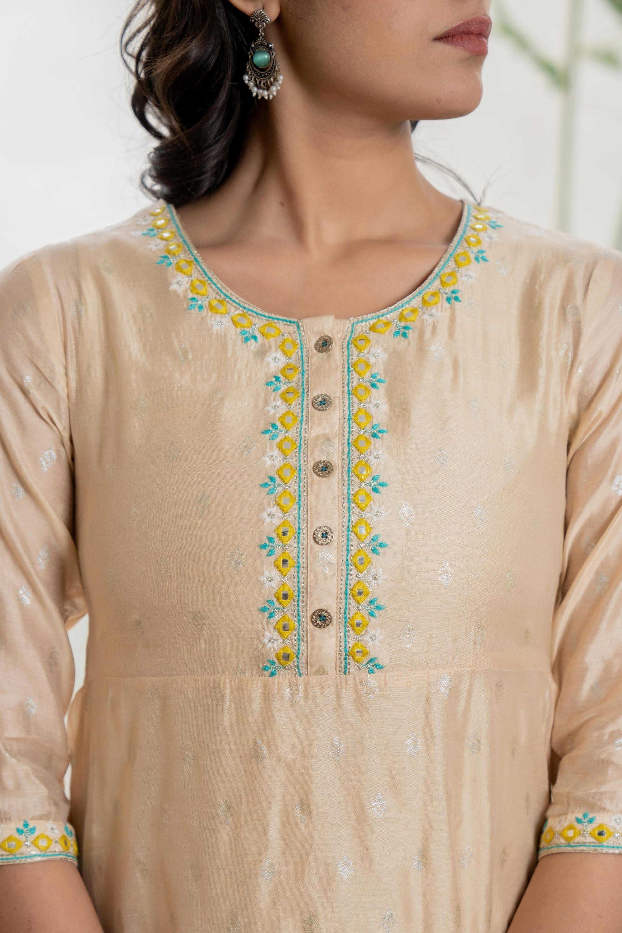 Juniper Women's Beige Soild Chanderi Dress & Inner With Thread & Mirror Work - Distacart