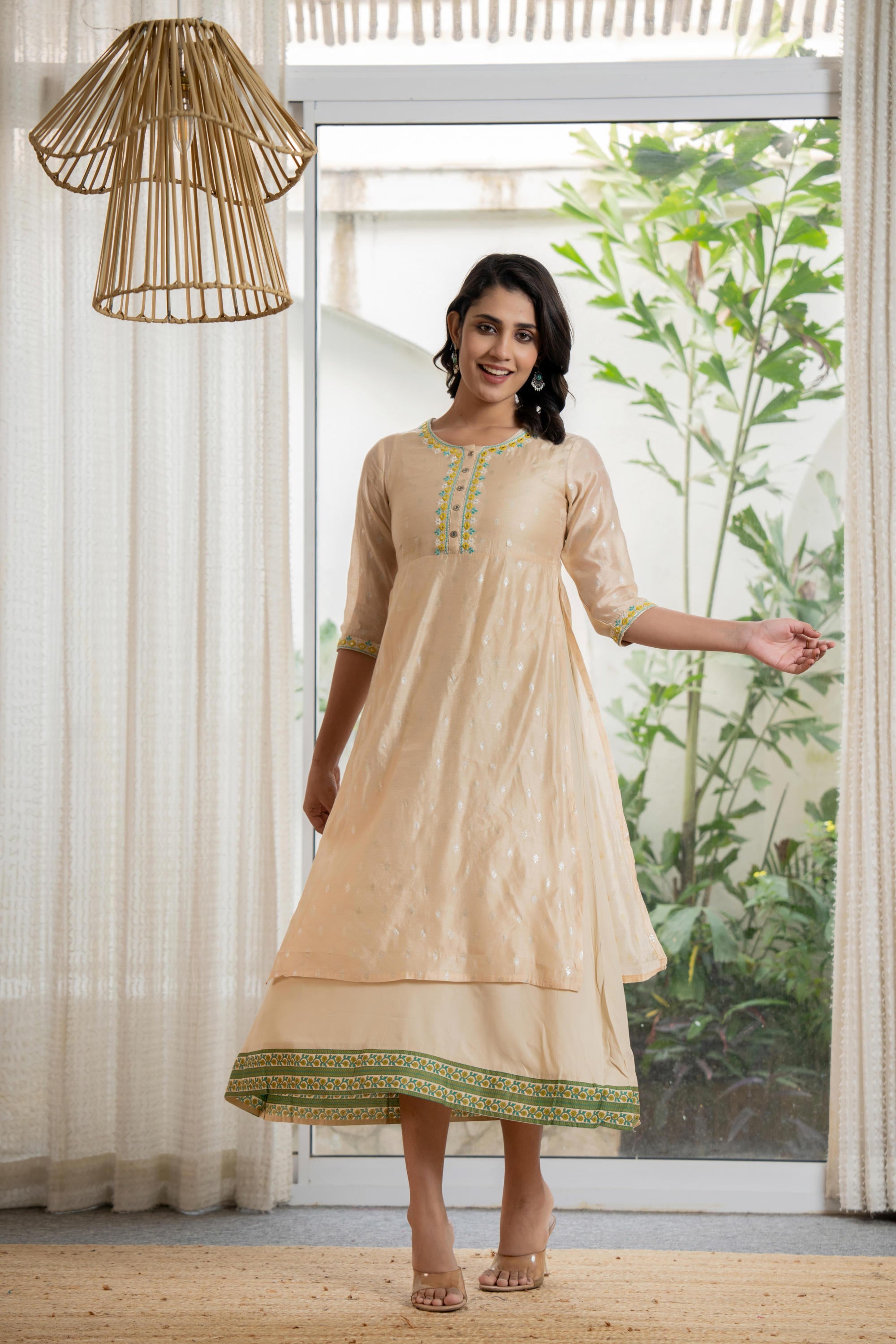 Juniper Women's Beige Soild Chanderi Dress & Inner With Thread & Mirror Work - Distacart