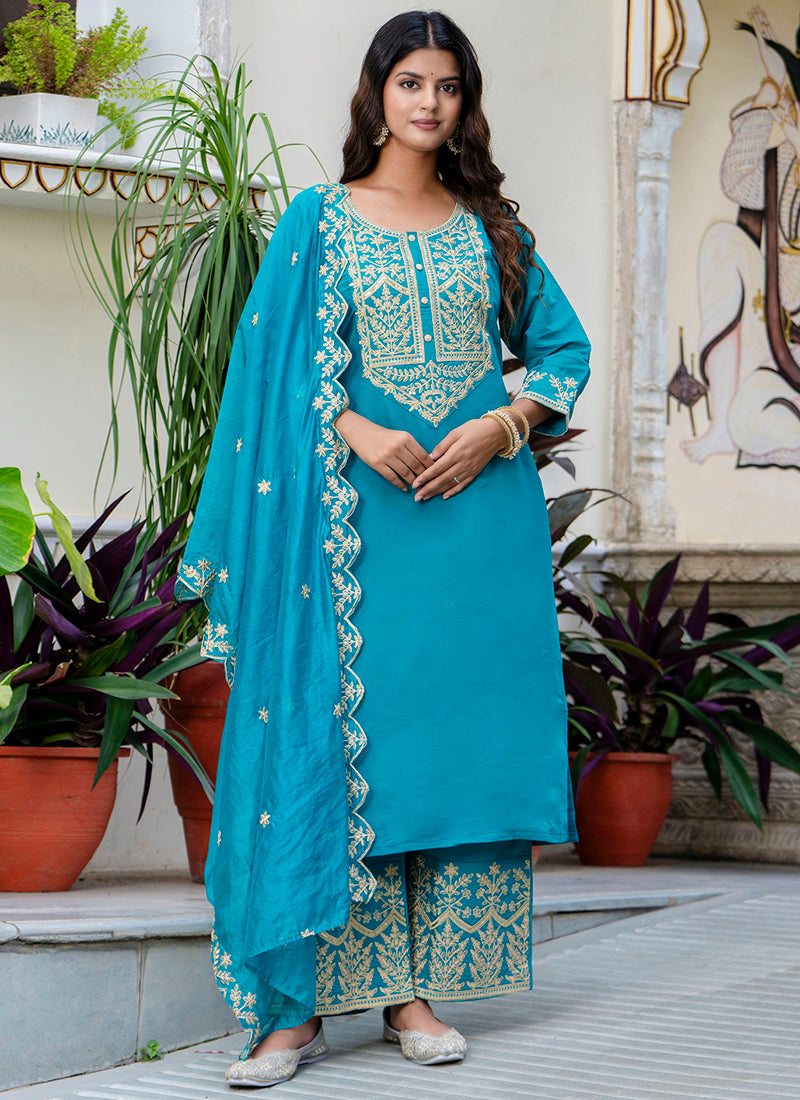 Vellora Silk Blend Blue Party Wear Embroidery Work Readymade Salwar Suit