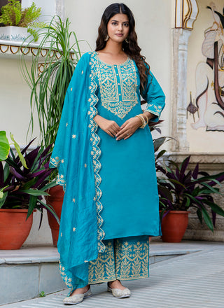 Vellora Silk Blend Blue Party Wear Embroidery Work Readymade Salwar Suit