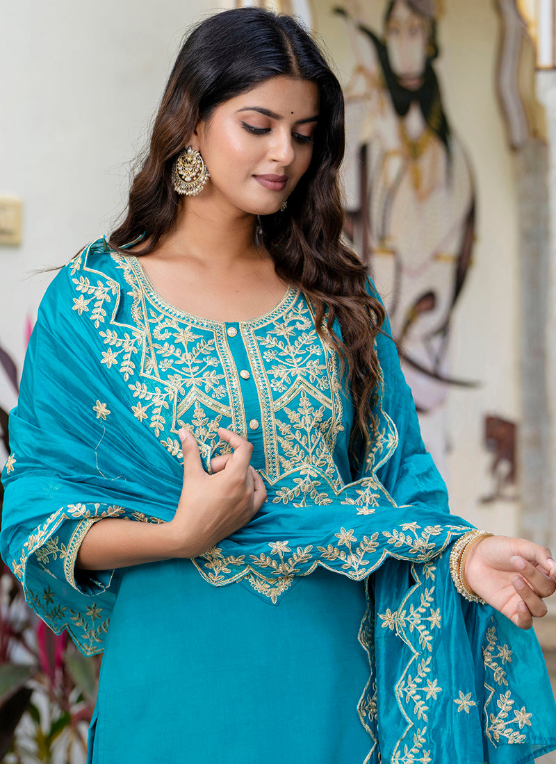 Vellora Silk Blend Blue Party Wear Embroidery Work Readymade Salwar Suit