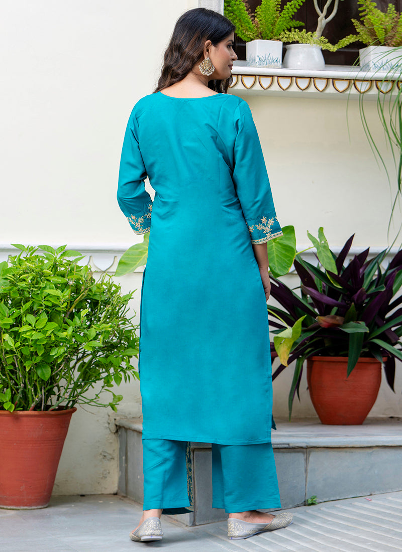 Vellora Silk Blend Blue Party Wear Embroidery Work Readymade Salwar Suit