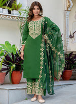 Thumbnail for Vellora Silk Blend Dark Green Party Wear Embroidery Work Readymade Salwar Suit