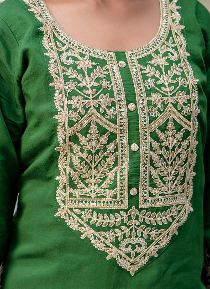 Vellora Silk Blend Dark Green Party Wear Embroidery Work Readymade Salwar Suit