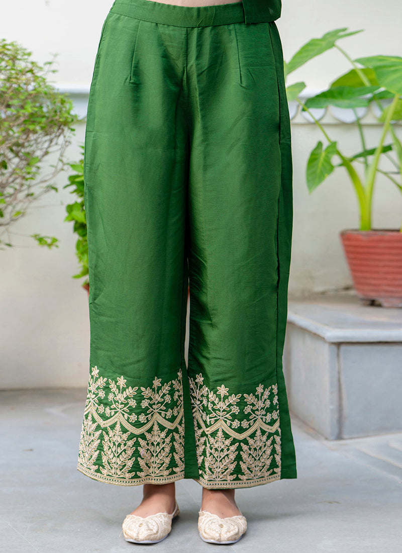 Vellora Silk Blend Dark Green Party Wear Embroidery Work Readymade Salwar Suit
