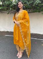 Thumbnail for Vellora Silk Blend Mustard Party Wear Embroidery Work Readymade Salwar Suit - Distacart