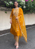 Thumbnail for Vellora Silk Blend Mustard Party Wear Embroidery Work Readymade Salwar Suit - Distacart