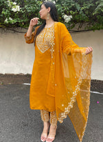 Thumbnail for Vellora Silk Blend Mustard Party Wear Embroidery Work Readymade Salwar Suit - Distacart