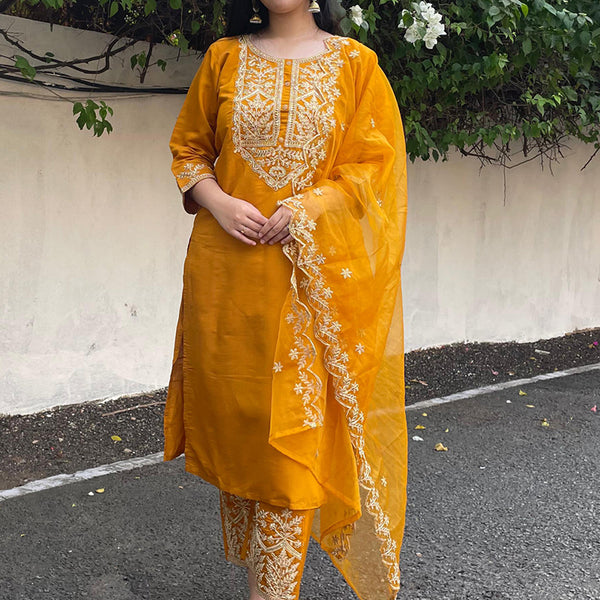 Vellora Silk Blend Mustard Party Wear Embroidery Work Readymade Salwar Suit - Distacart