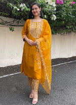 Thumbnail for Vellora Silk Blend Mustard Party Wear Embroidery Work Readymade Salwar Suit - Distacart
