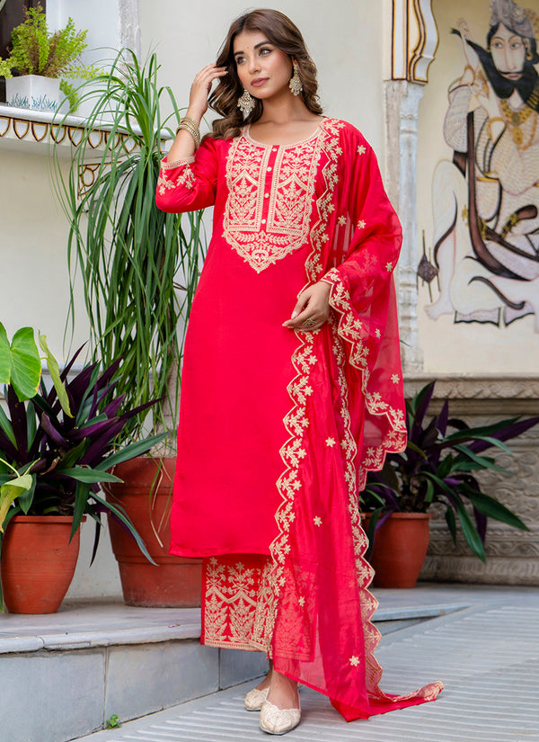 Vellora Silk Blend Pink Party Wear Embroidery Work Readymade Salwar Suit