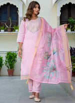 Thumbnail for Vellora Silk Blend Baby Pink Party Wear Embroidery Work Readymade Salwar Suit