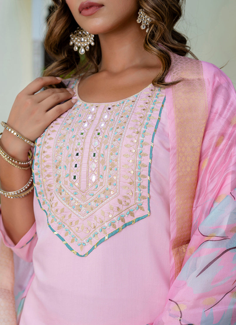 Vellora Silk Blend Baby Pink Party Wear Embroidery Work Readymade Salwar Suit