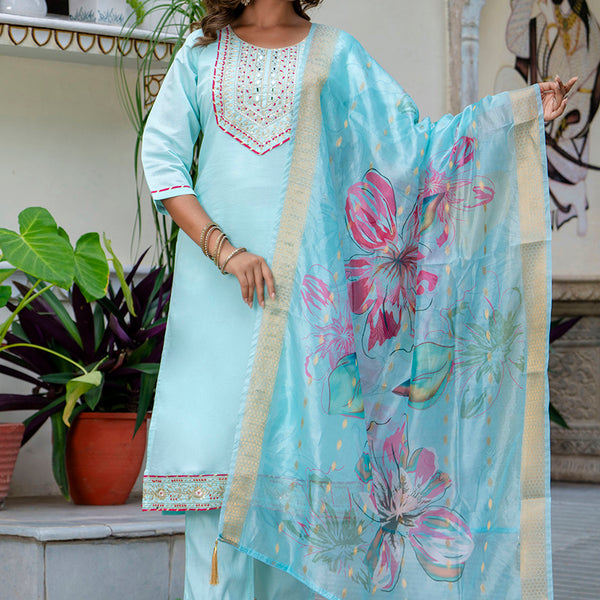 Vellora Silk Blend Sky Blue Party Wear Embroidery Work Readymade Salwar Suit - Distacart