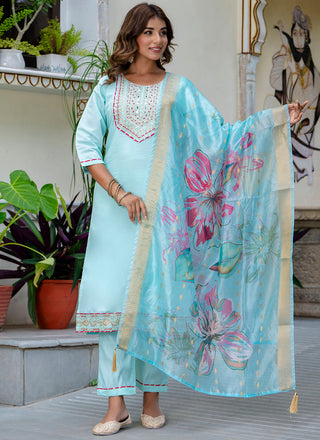 Vellora Silk Blend Sky Blue Party Wear Embroidery Work Readymade Salwar Suit