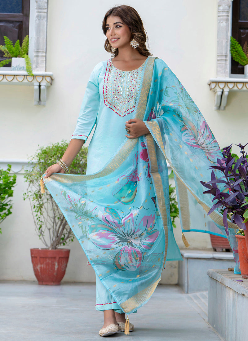 Vellora Silk Blend Sky Blue Party Wear Embroidery Work Readymade Salwar Suit