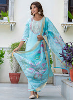 Thumbnail for Vellora Silk Blend Sky Blue Party Wear Embroidery Work Readymade Salwar Suit