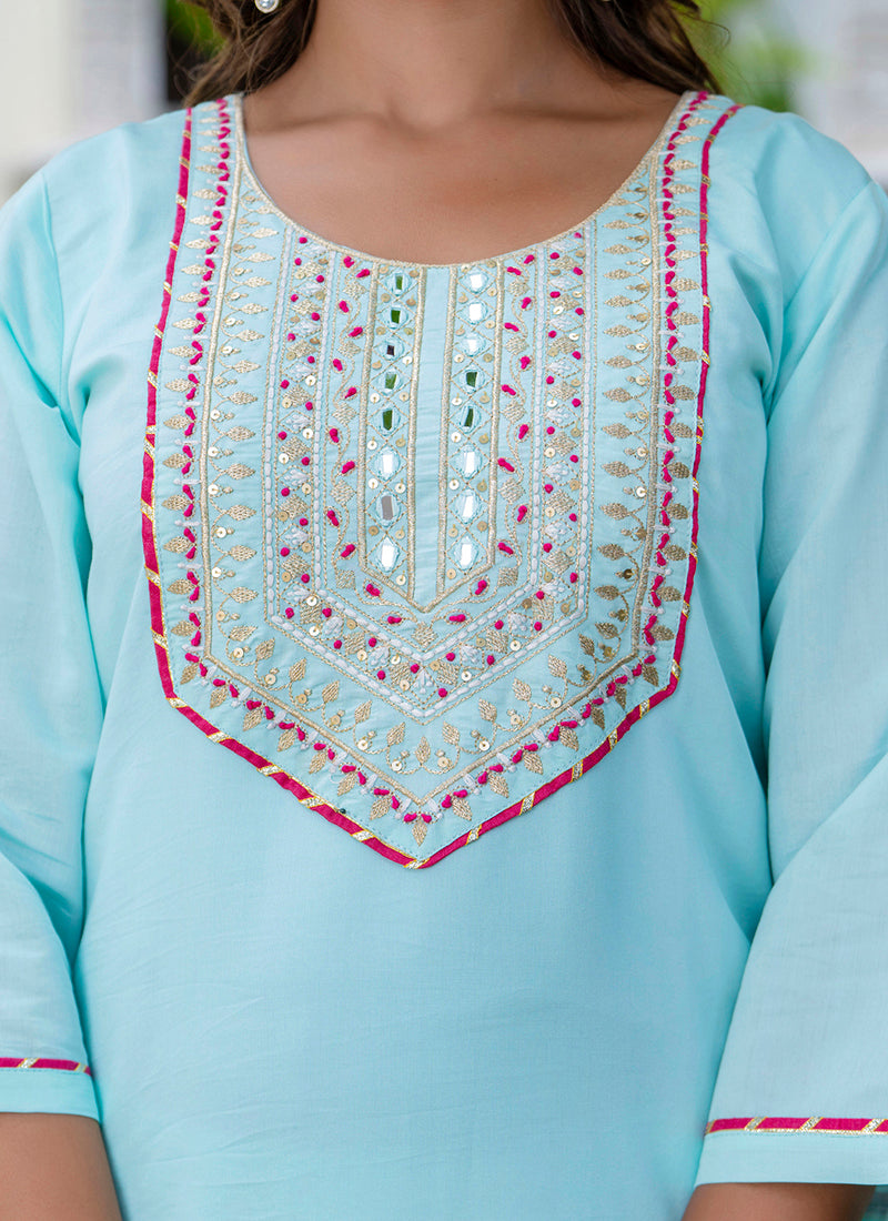 Vellora Silk Blend Sky Blue Party Wear Embroidery Work Readymade Salwar Suit