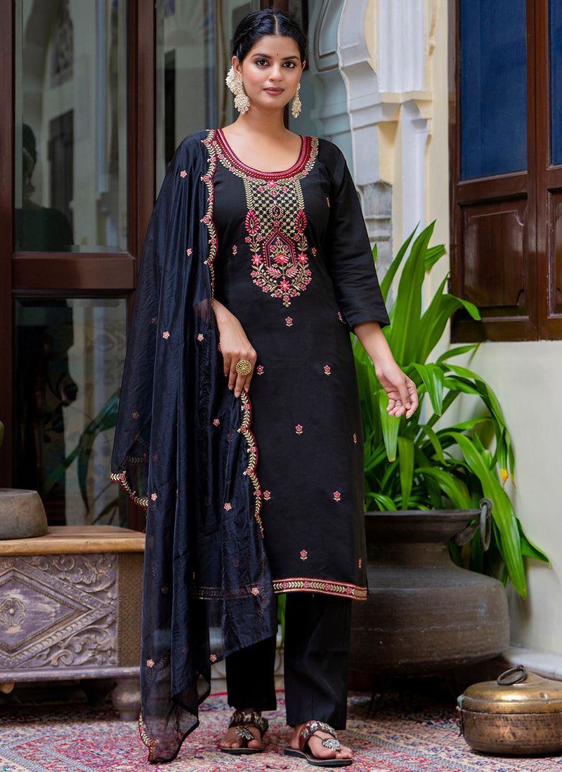 Vellora Silk Blend Black Party Wear Embroidery Work Readymade Salwar Suit