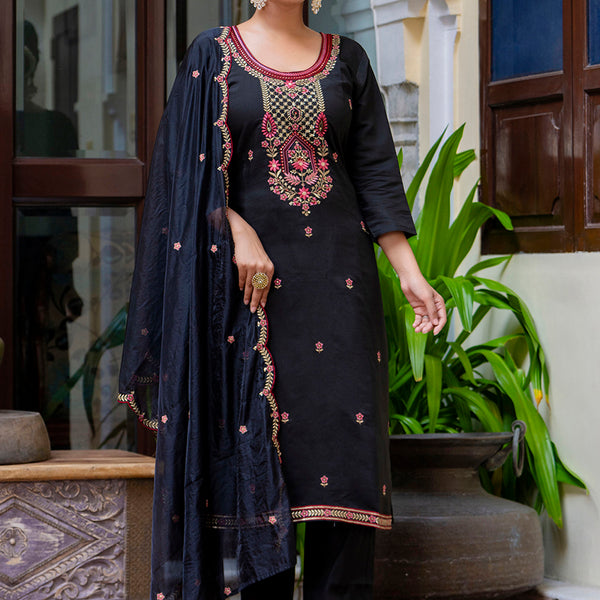 Vellora Silk Blend Black Party Wear Embroidery Work Readymade Salwar Suit - Distacart