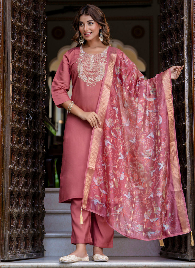Vellora Silk Blend Dusty Rose Party Wear Embroidery Work Readymade Salwar Suit