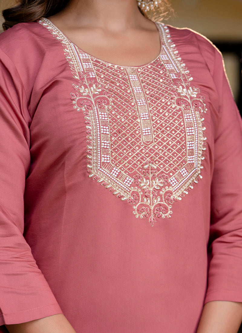 Vellora Silk Blend Dusty Rose Party Wear Embroidery Work Readymade Salwar Suit