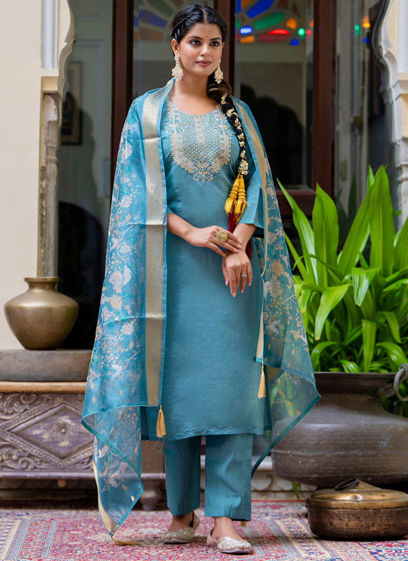 Vellora Silk Blend Blue Party Wear Embroidery Work Readymade Salwar Suit
