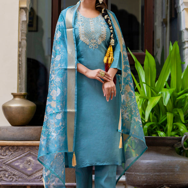 Vellora Silk Blend Blue Party Wear Embroidery Work Readymade Salwar Suit - Distacart