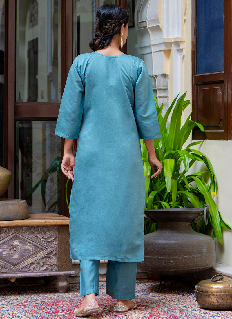 Vellora Silk Blend Blue Party Wear Embroidery Work Readymade Salwar Suit