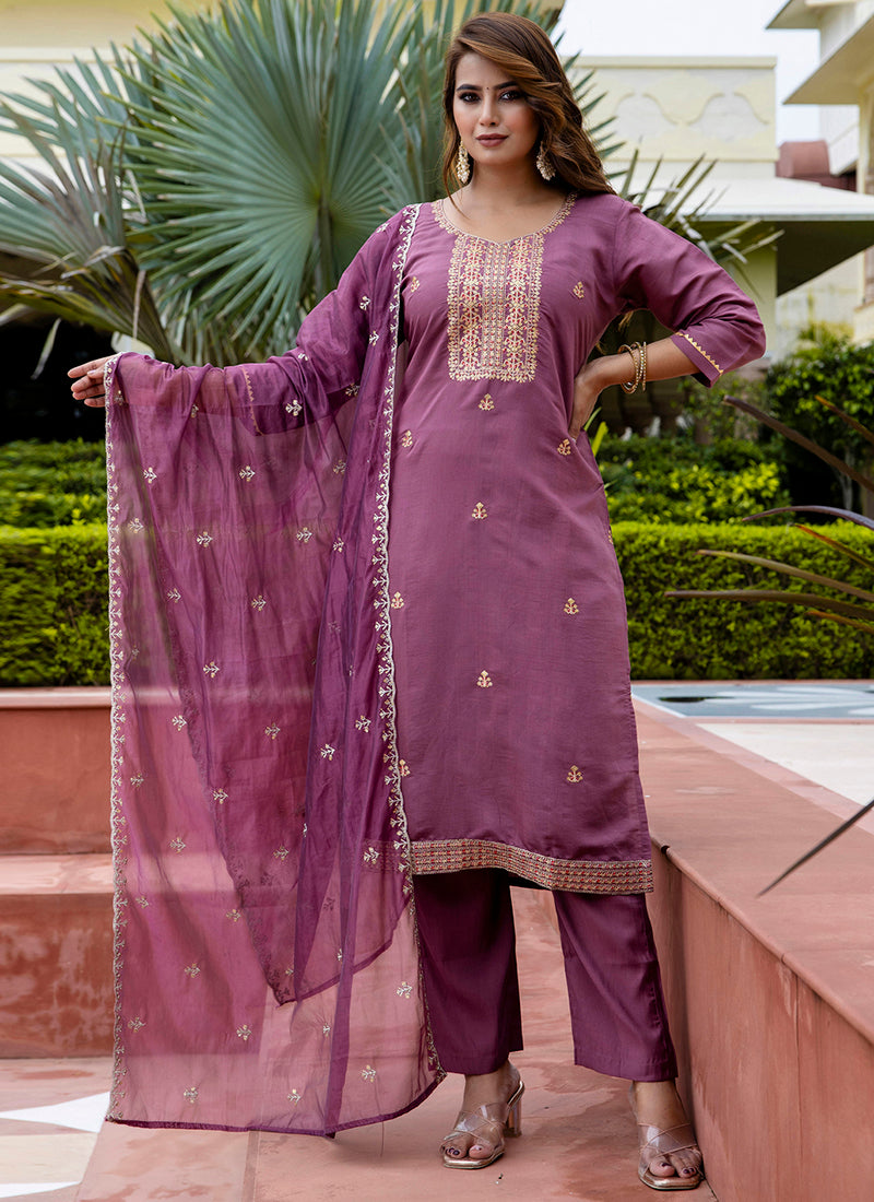 Vellora Silk Blend Lavender Occasional Wear Embroidery Work Readymade Salwar Suit