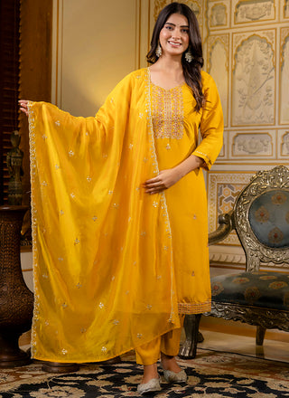 Vellora Silk Blend Mustard Occasional Wear Embroidery Work Readymade Salwar Suit