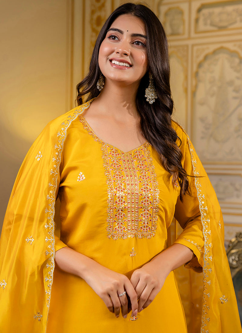 Vellora Silk Blend Mustard Occasional Wear Embroidery Work Readymade Salwar Suit